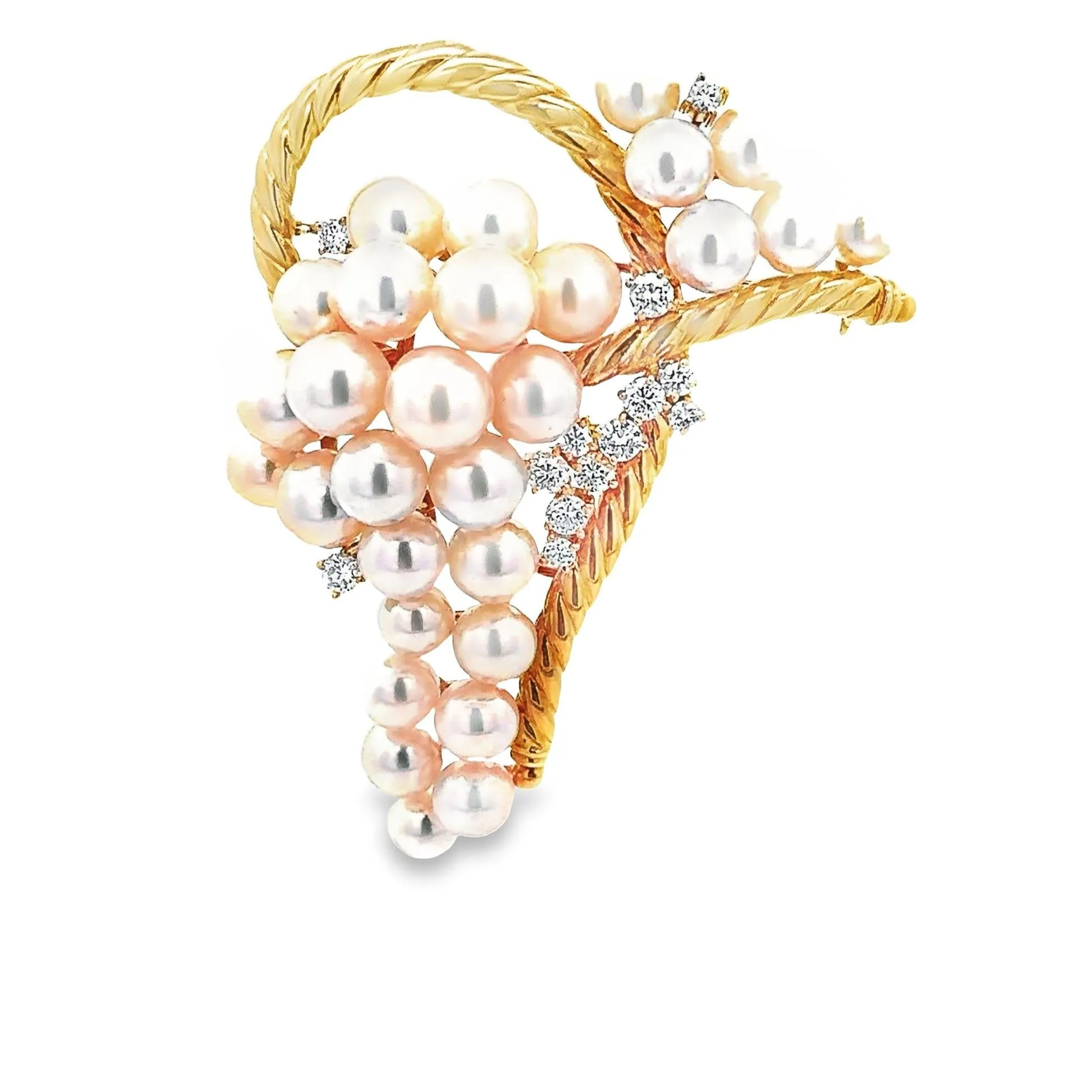 Akoya Pearl Diamond Yellow Gold Ribbon Brooch