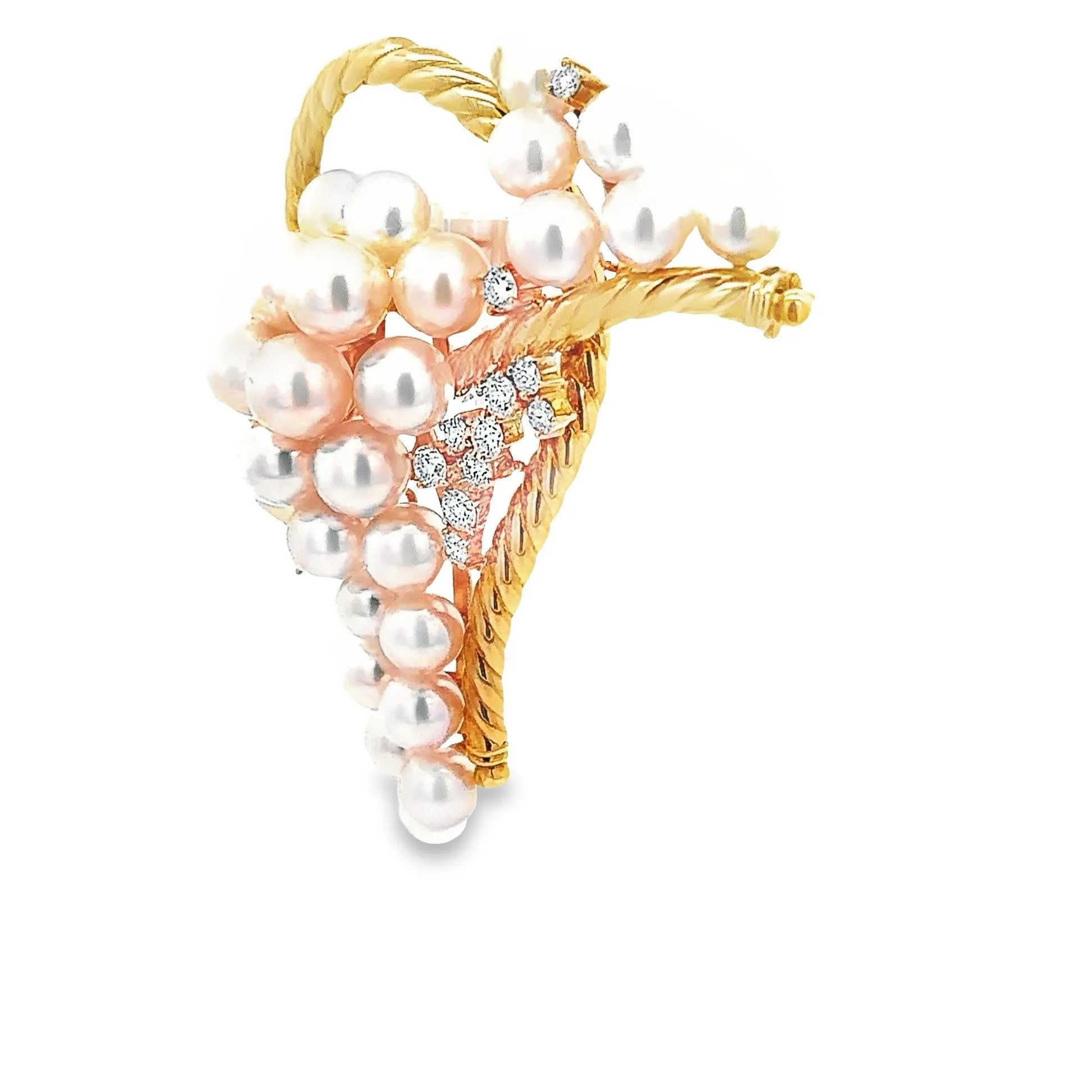 Akoya Pearl Diamond Yellow Gold Ribbon Brooch