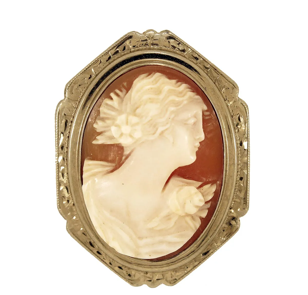 ANTIQUE 14K CAMEO BROOCH WITH HAND CHASED BEZEL & RELIEF SHELL CAMEO