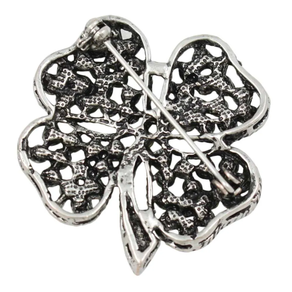 Antique Light Olive Green Crystal 4 Leaf Clover Brooch Pin - PRL044