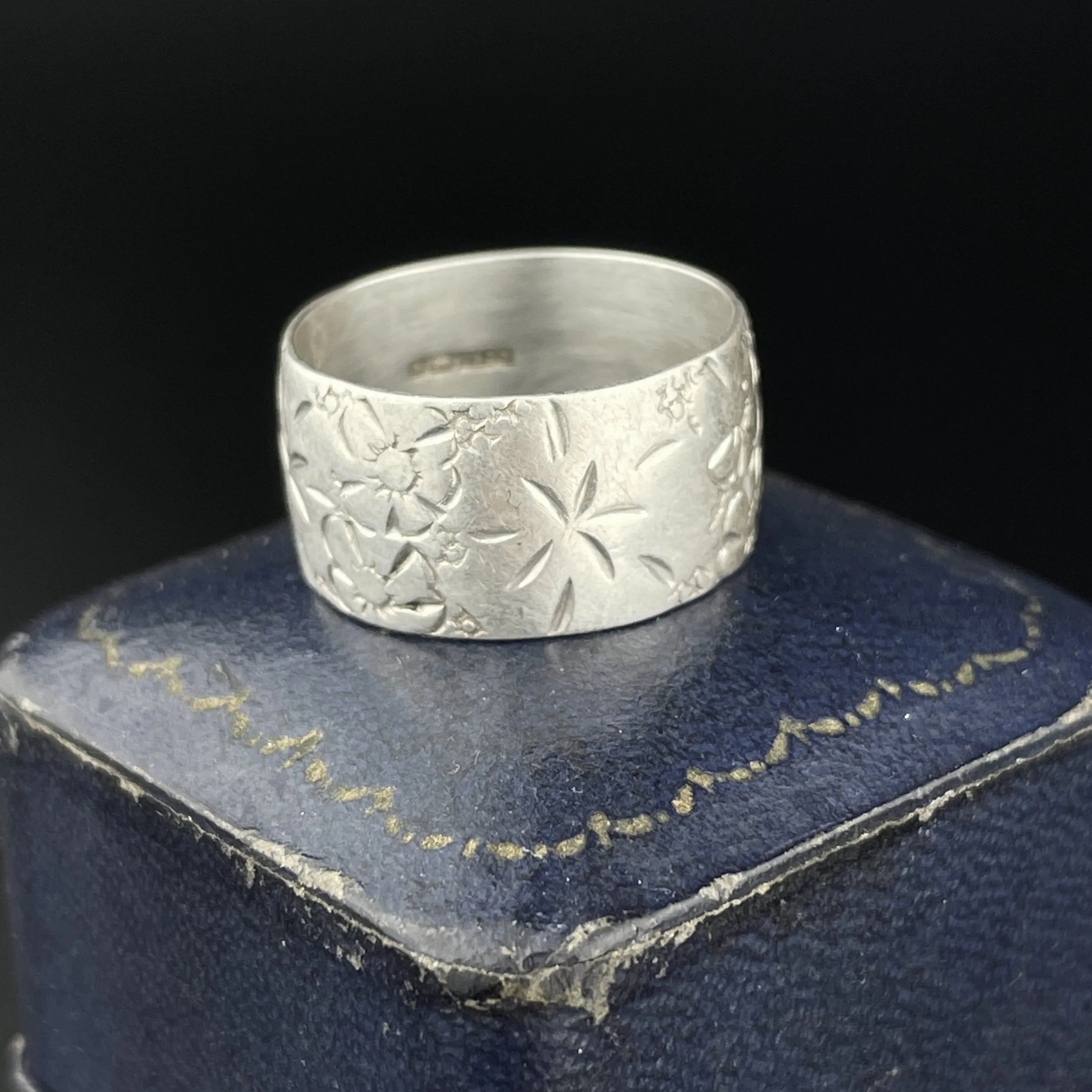 Antique Silver Engraved Forget Me Not Wide Ring, Sz 6.5