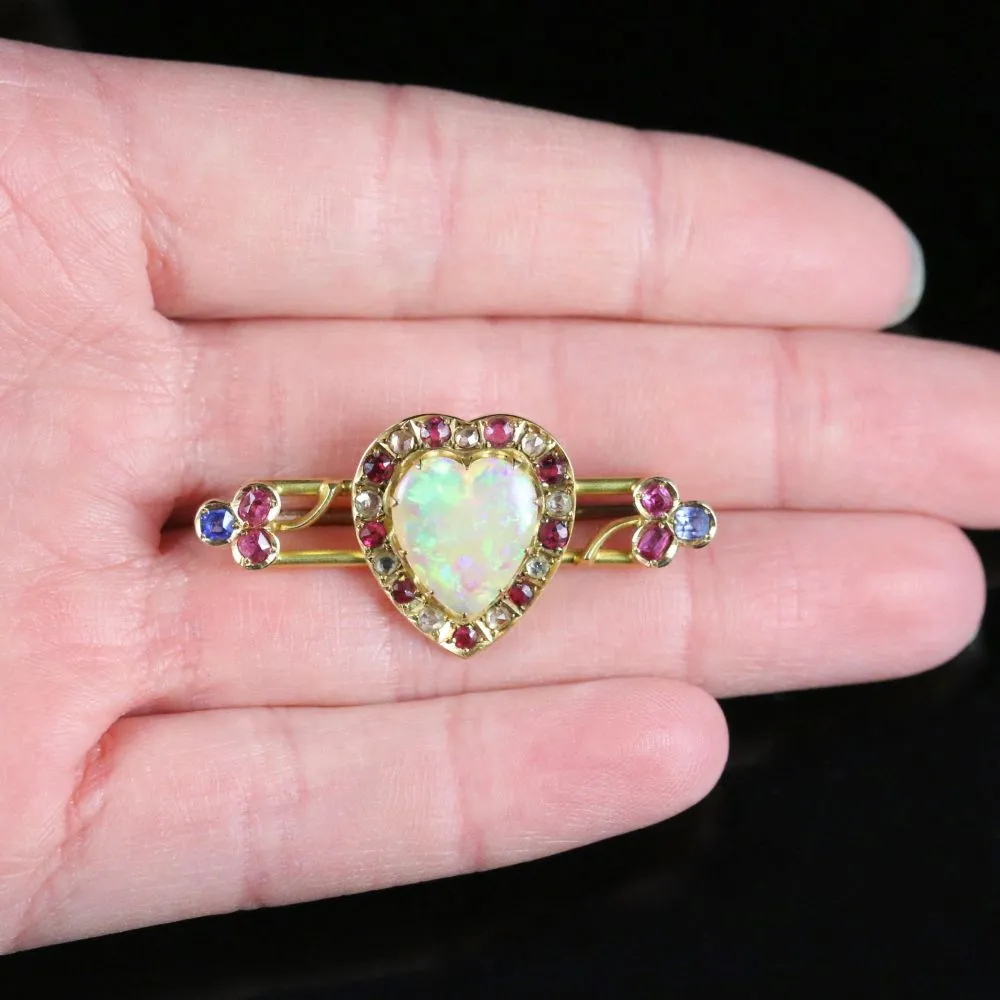 Antique Victorian Opal Ruby Diamond Sapphire Brooch 18Ct Gold