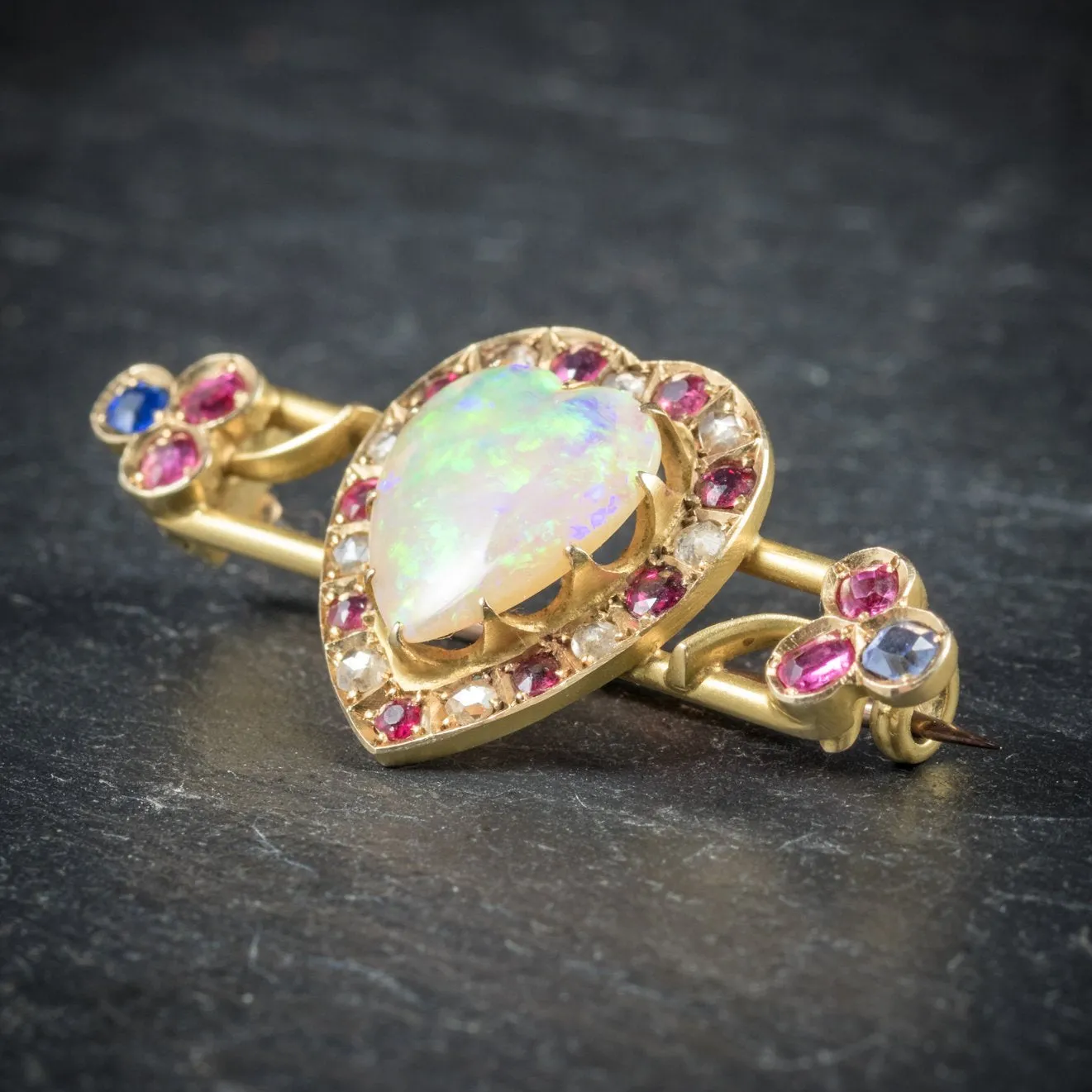 Antique Victorian Opal Ruby Diamond Sapphire Brooch 18Ct Gold