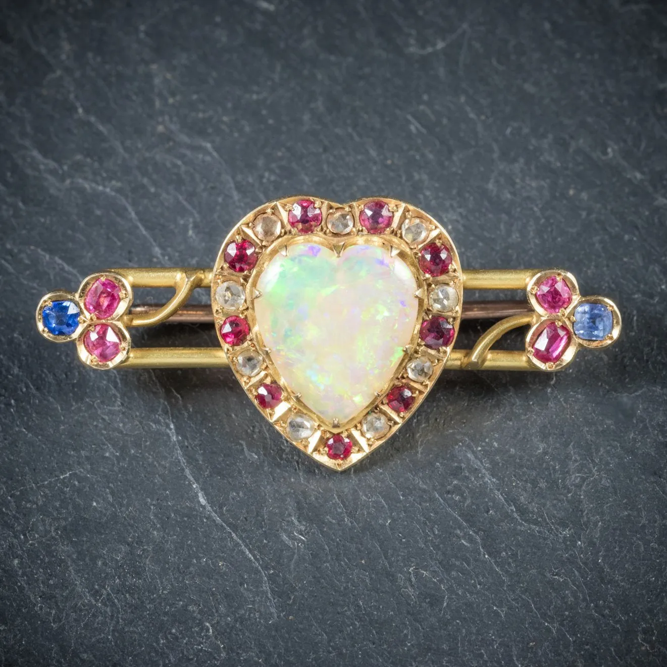 Antique Victorian Opal Ruby Diamond Sapphire Brooch 18Ct Gold