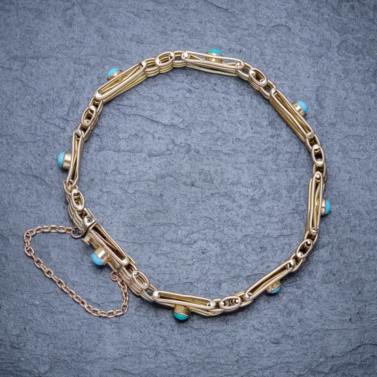 Antique Victorian Turquoise Gate Bracelet 9Ct Gold Circa 1900