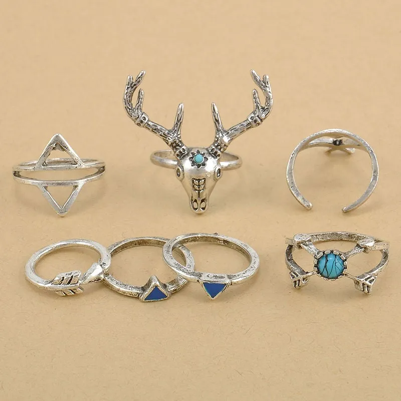 Antler Boho Stacking Rings 7 Piece Set Silver Turquoise Teepee Arrows Mix And Match Great For Festivals!