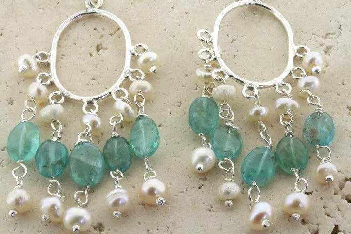 Aquamarine & pearl hoop earrings - sterling silver