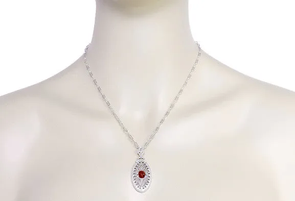 Art Deco Almandite Garnet Filigree Oval Pendant Necklace in Sterling Silver