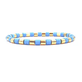 Ashley Gold Stainless Steel Gold Plated Blue Enamel Design Stretch Beaded Bracelet