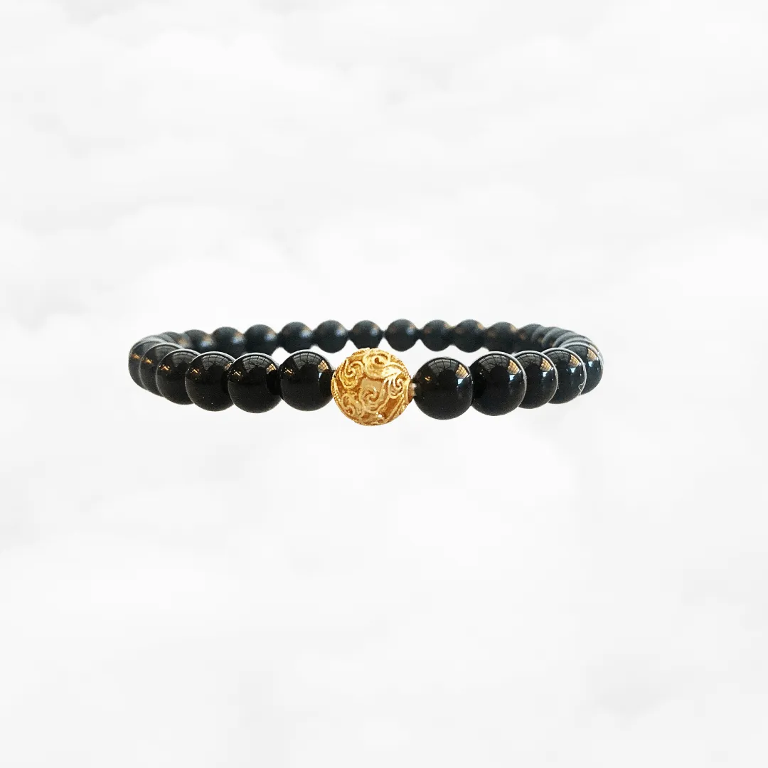 Auspicious Beaded Obsidian Bracelet 6mm Gold