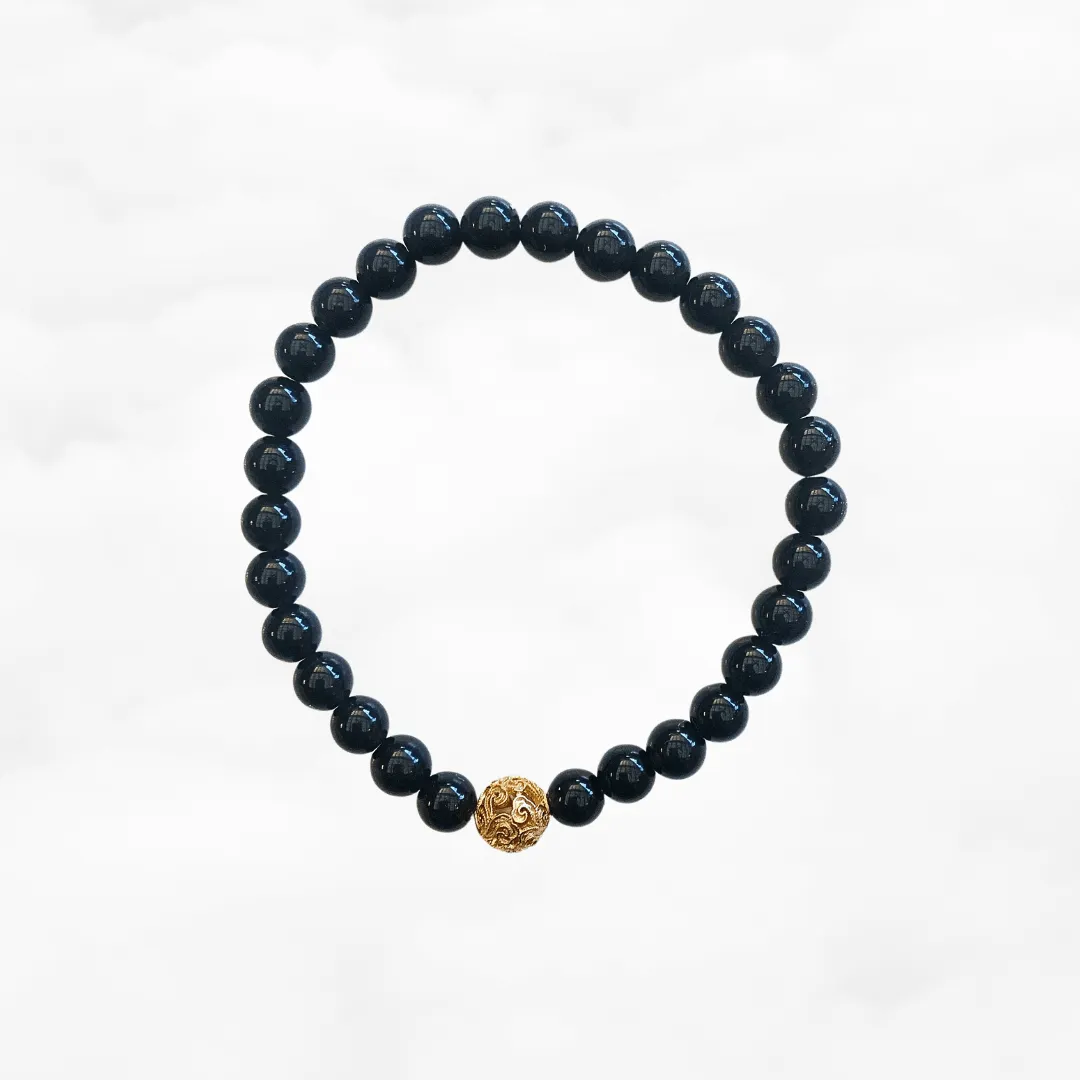 Auspicious Beaded Obsidian Bracelet 6mm Gold