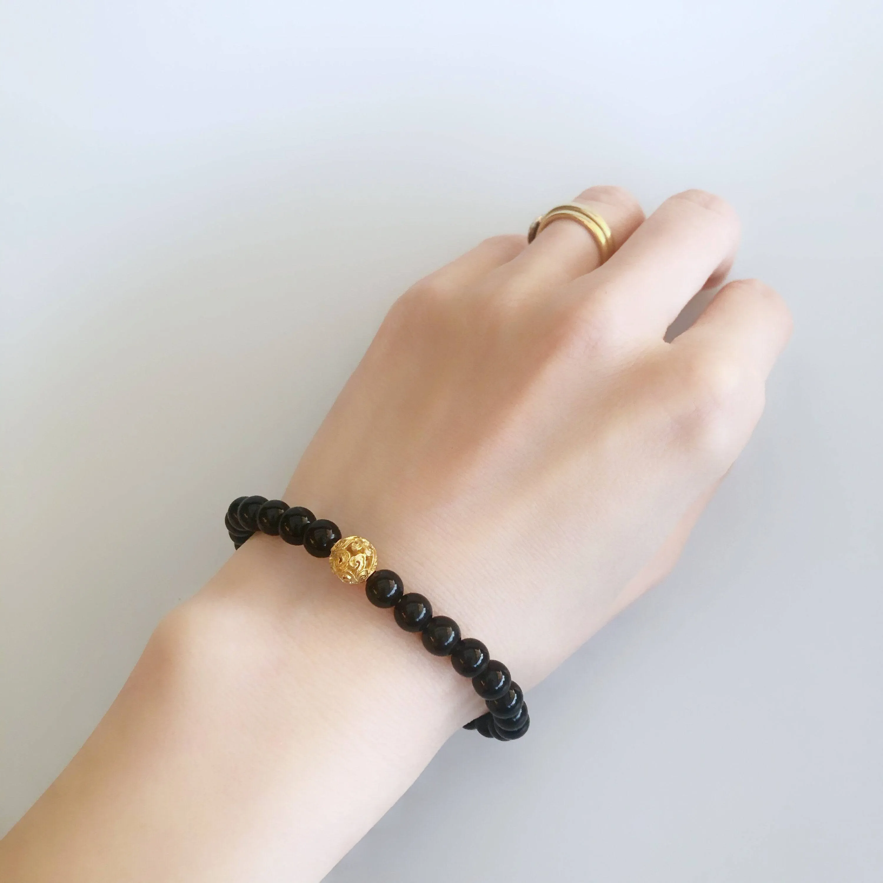 Auspicious Beaded Obsidian Bracelet 6mm Gold