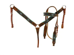 Aztec Beaded Teal & Rawhide Accented Headstall Set