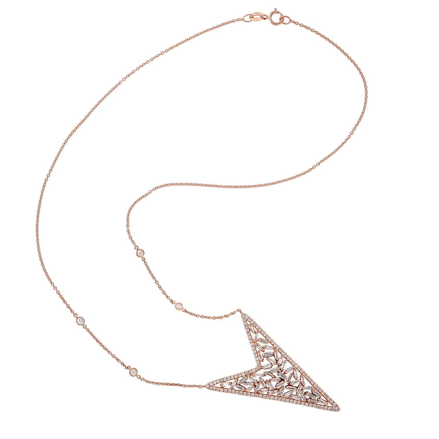 Baguette Diamond Arrow Design 18K Solid Rose Gold Chain Necklace Jewelry Gift