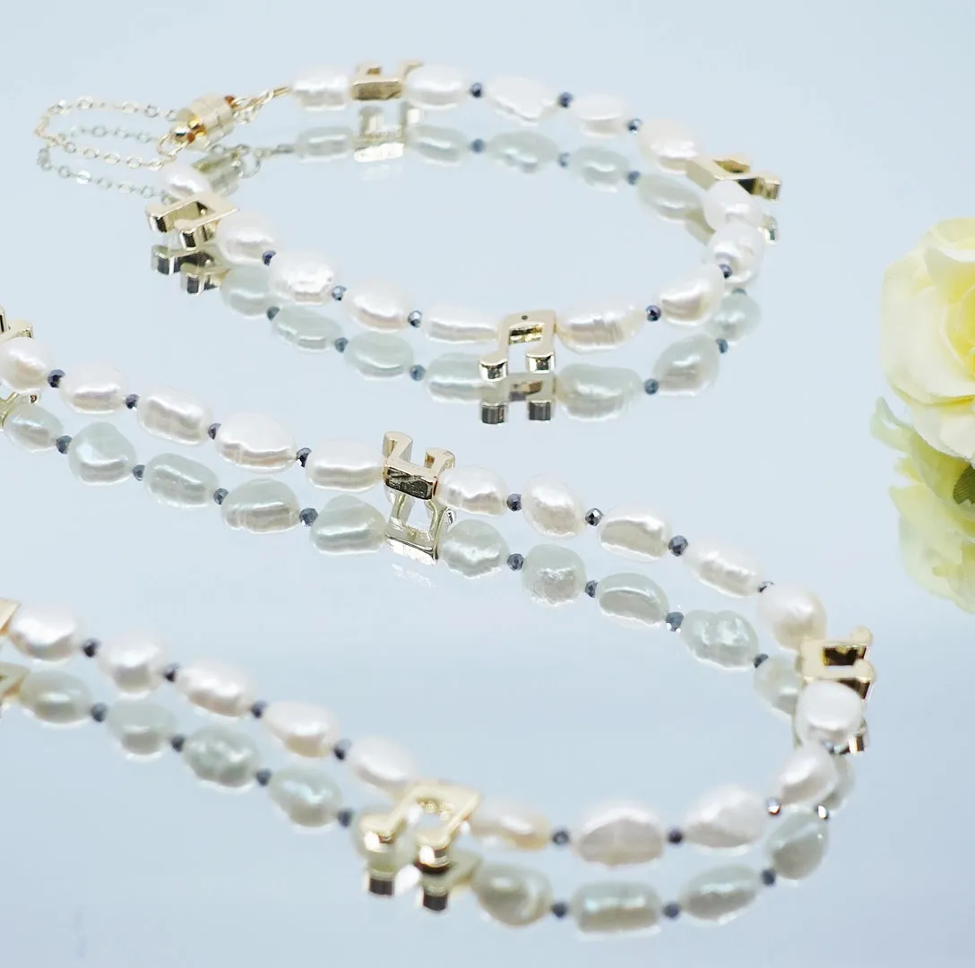 Baroque Pearl Necklace and Bracelet Set with Music Notes