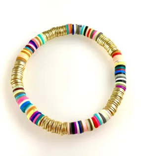 Beaded Stretch Bracelet with Bright colors and Gold Beads