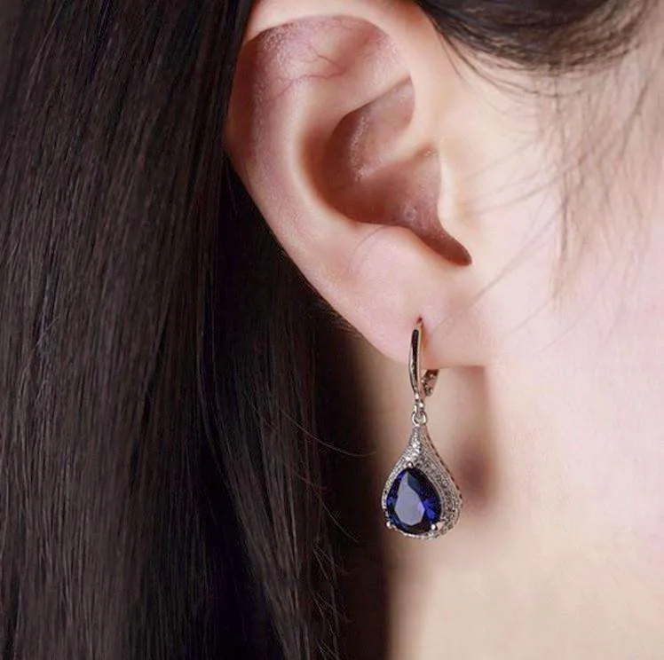 Beau Monde Pear Cut Simulated Sapphire and Milgraine Hoop Earrings