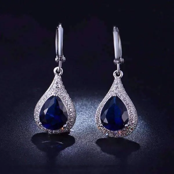 Beau Monde Pear Cut Simulated Sapphire and Milgraine Hoop Earrings