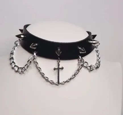 Black Collar w/ Spikes, Chains and Cross Detail