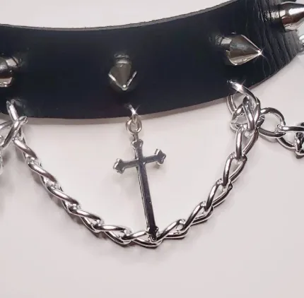 Black Collar w/ Spikes, Chains and Cross Detail