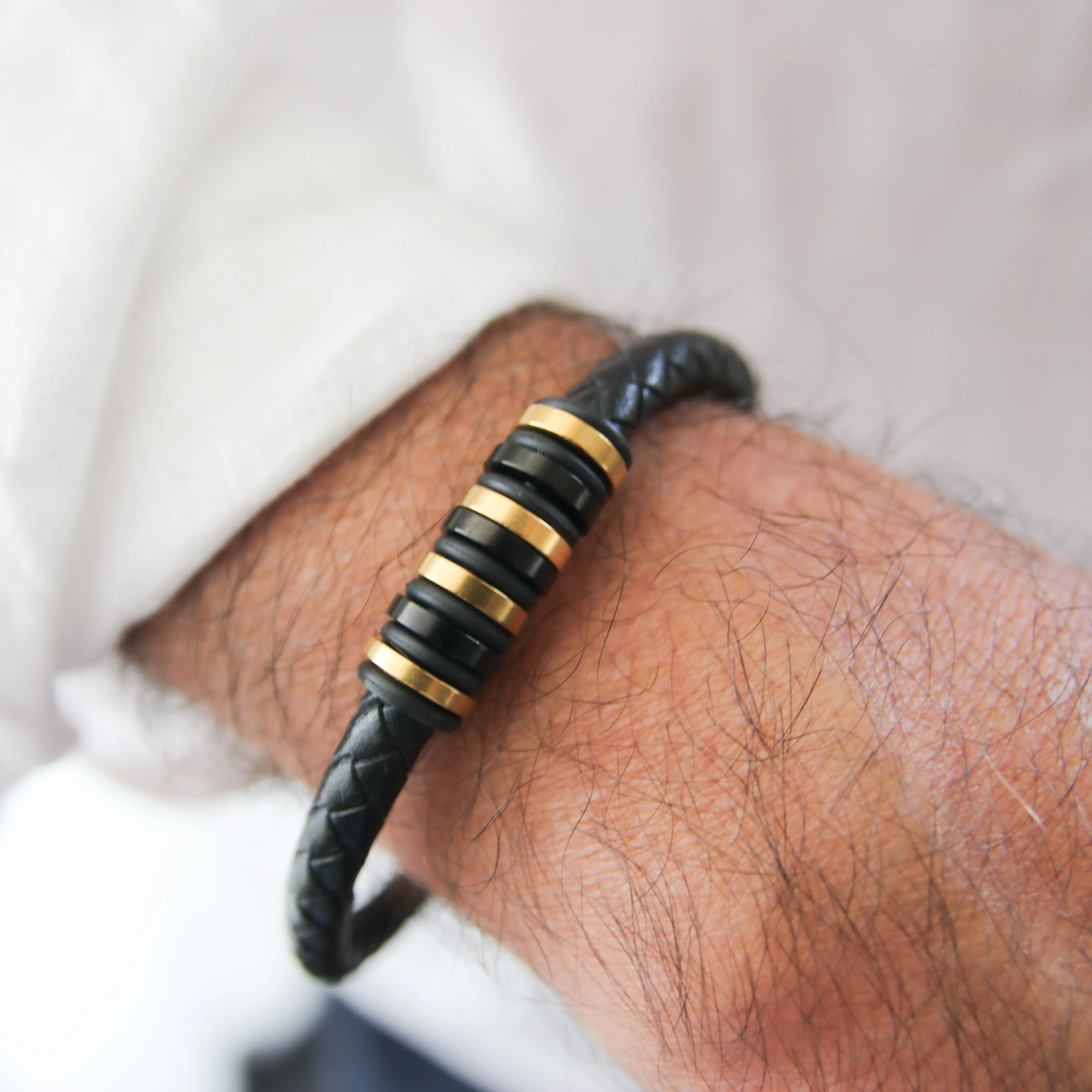 Black Leather and Gold-Accented Stainless steel Clasp Bracelet