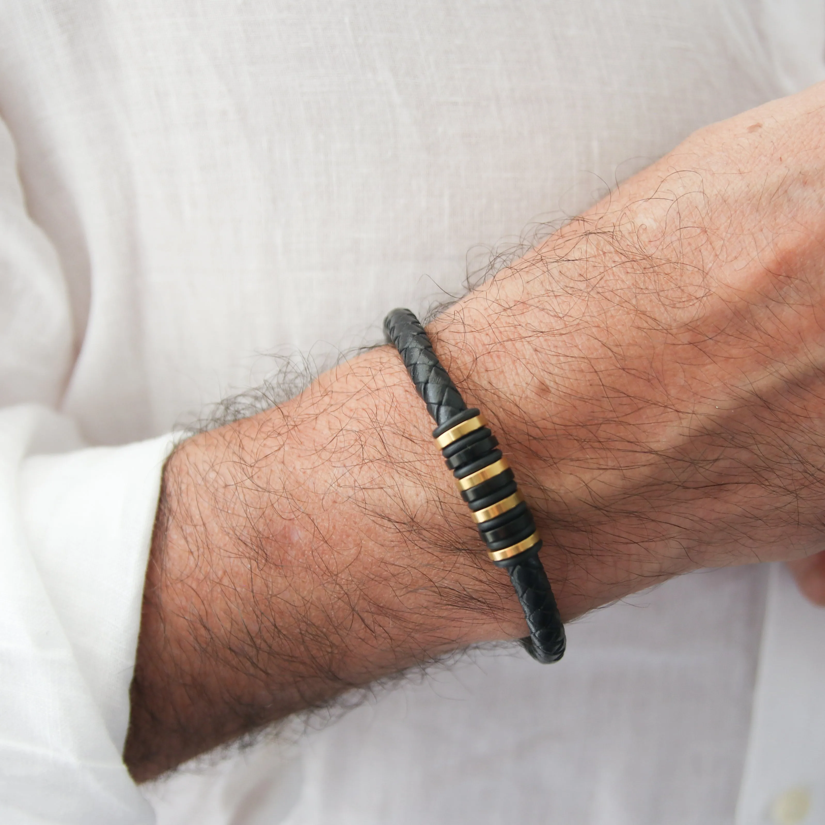 Black Leather and Gold-Accented Stainless steel Clasp Bracelet