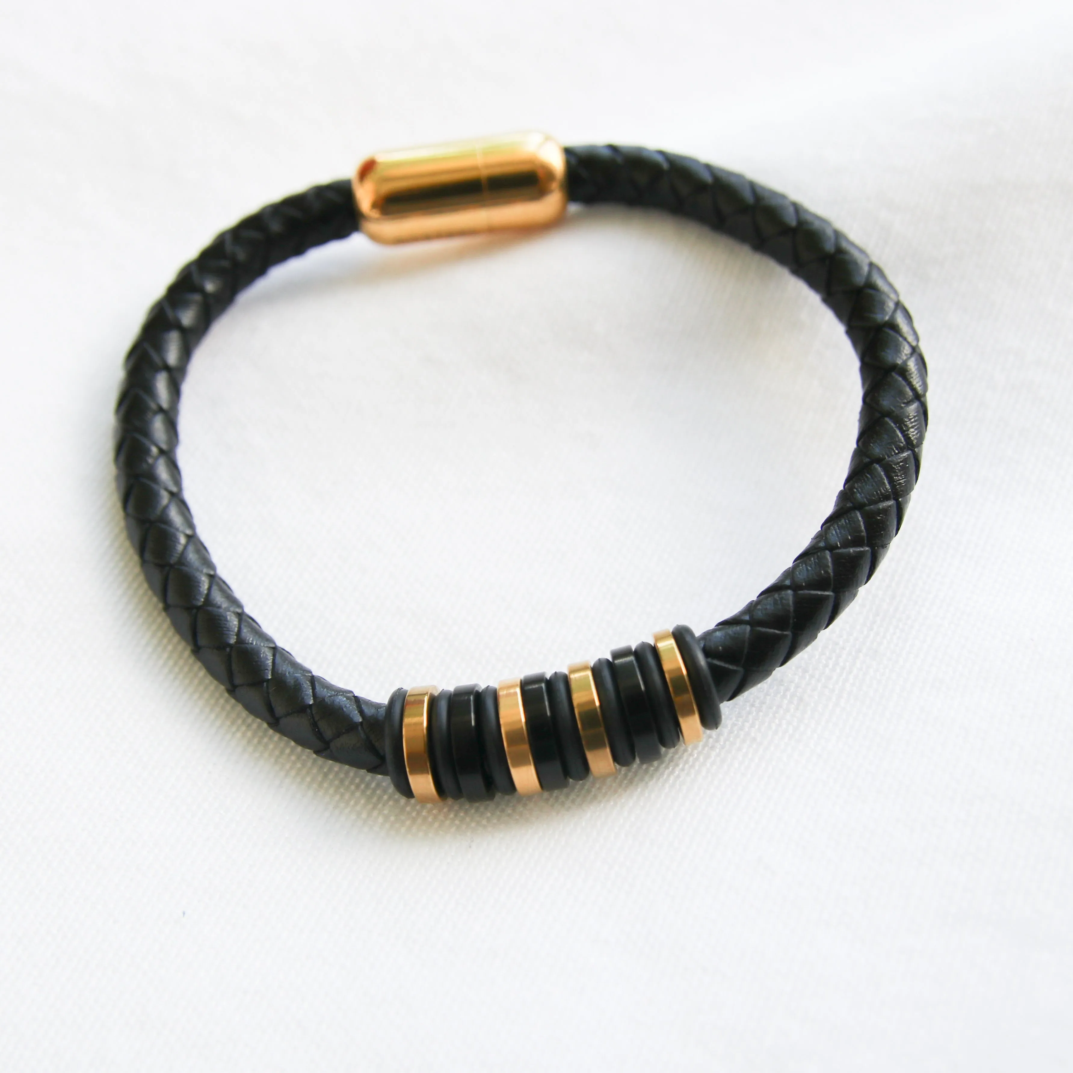 Black Leather and Gold-Accented Stainless steel Clasp Bracelet