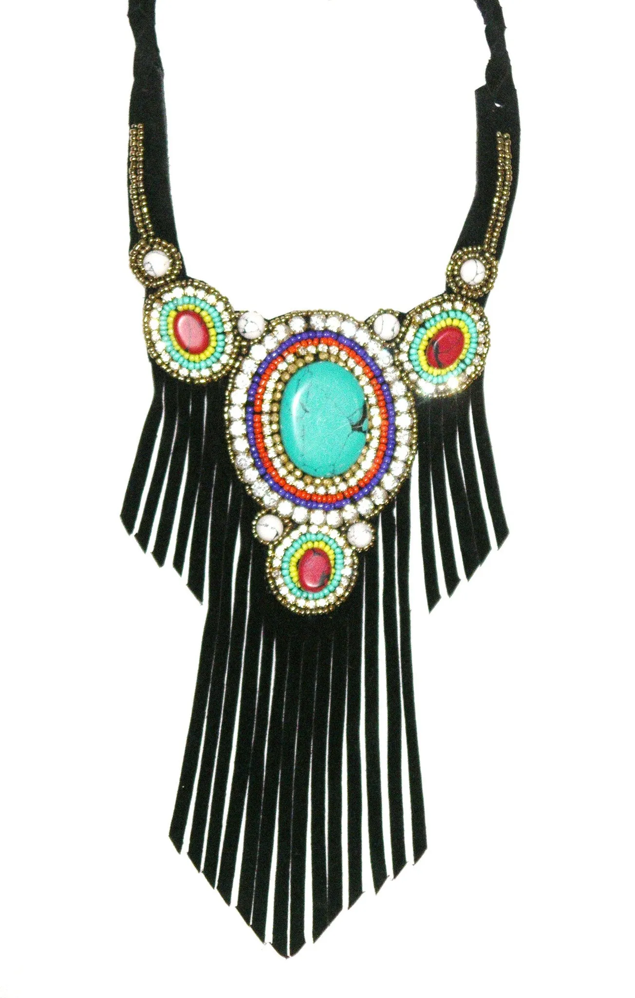 Black Leather Fringe Necklace Turquoise Coral Indian Seed Beads Vegan Suede Boho Statement Bib Tribal Hippie Gypsy Bling