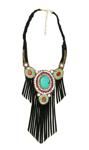 Black Leather Fringe Necklace Turquoise Coral Indian Seed Beads Vegan Suede Boho Statement Bib Tribal Hippie Gypsy Bling