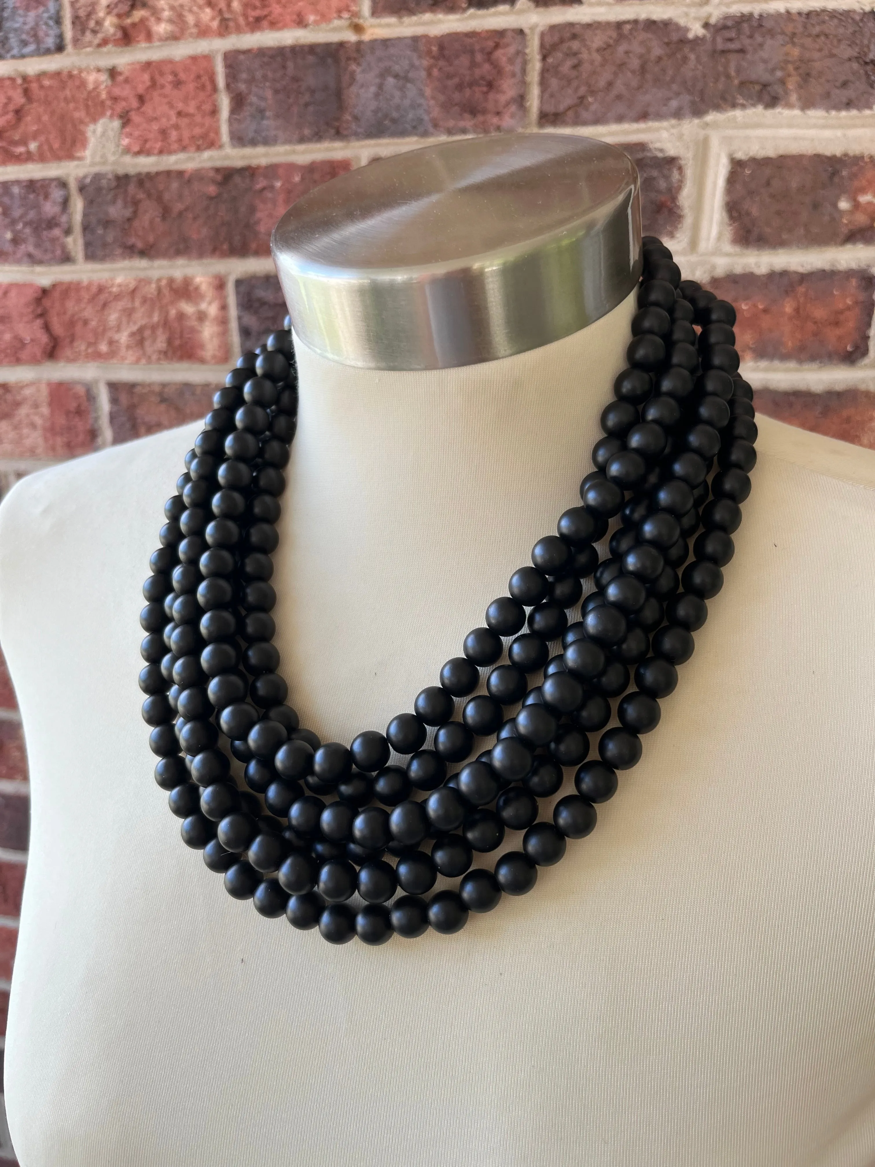 Black Matte Acrylic Multi Strand Chunky Statement Necklace - Alana