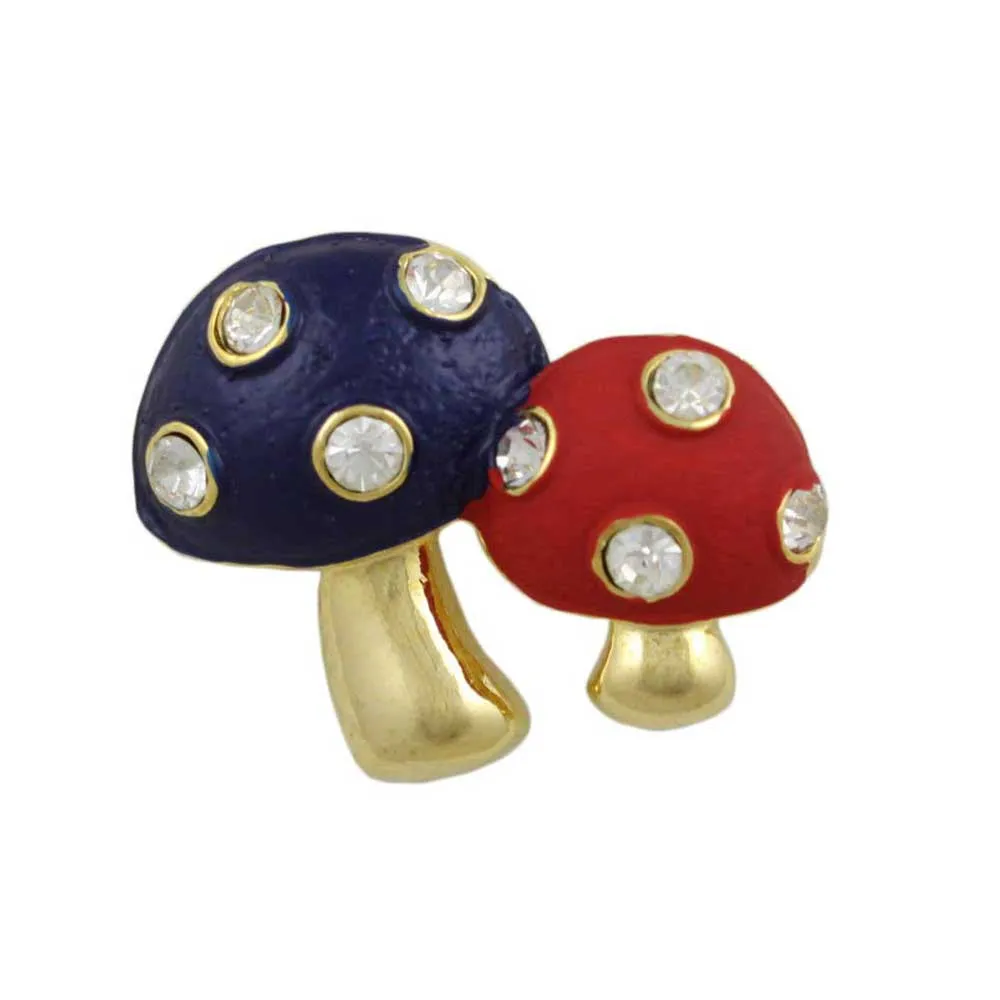 Blue and Red Enamel and Crystals Mushrooms Brooch Pin - PRF820