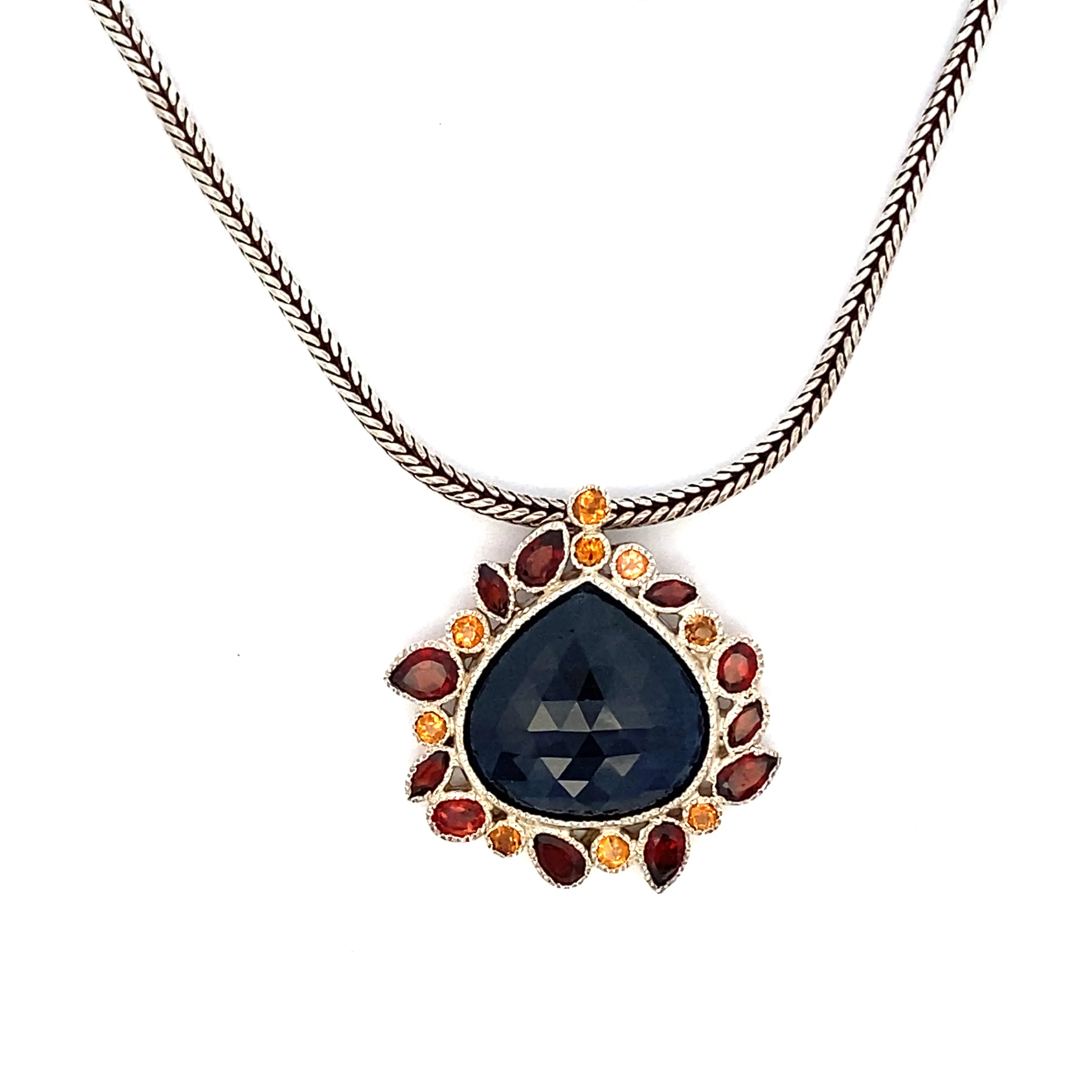 Blue Sapphire, Garnet and Orange Sapphire Necklace