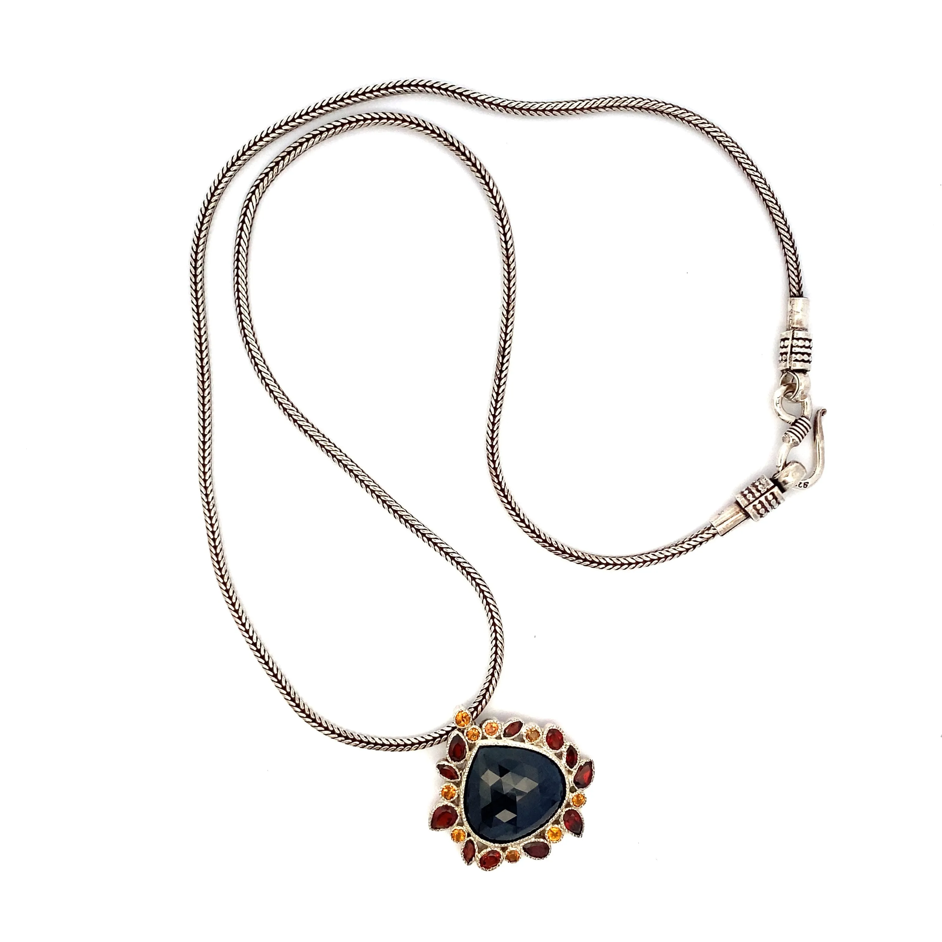 Blue Sapphire, Garnet and Orange Sapphire Necklace