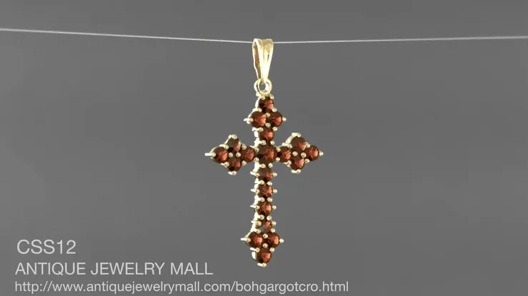 Bohemian Garnet Gothic Cross Victorian Pendant in Yellow Gold Vermeil Over Sterling Silver