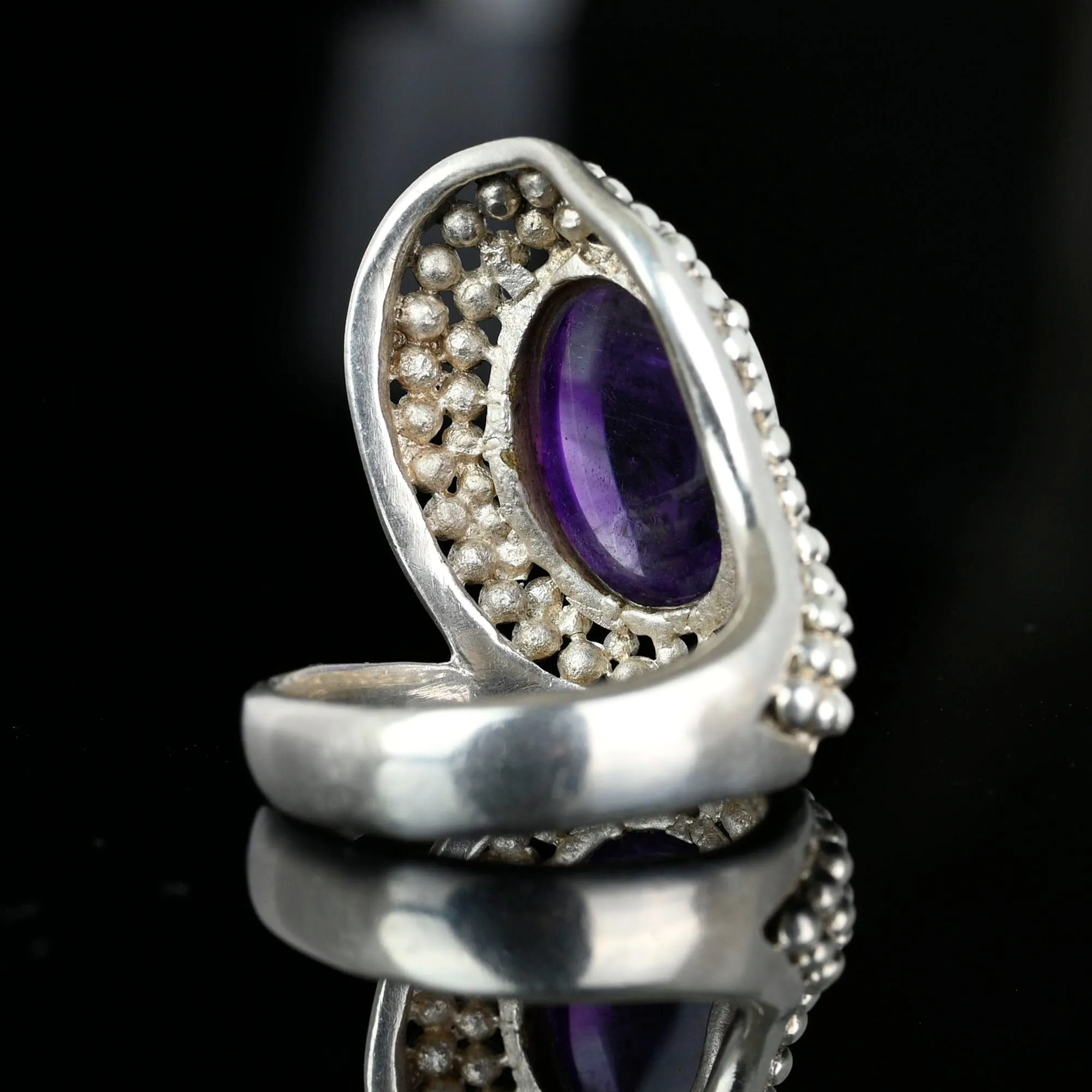 Bold Vintage Silver Amethyst Cabochon Snake Ring