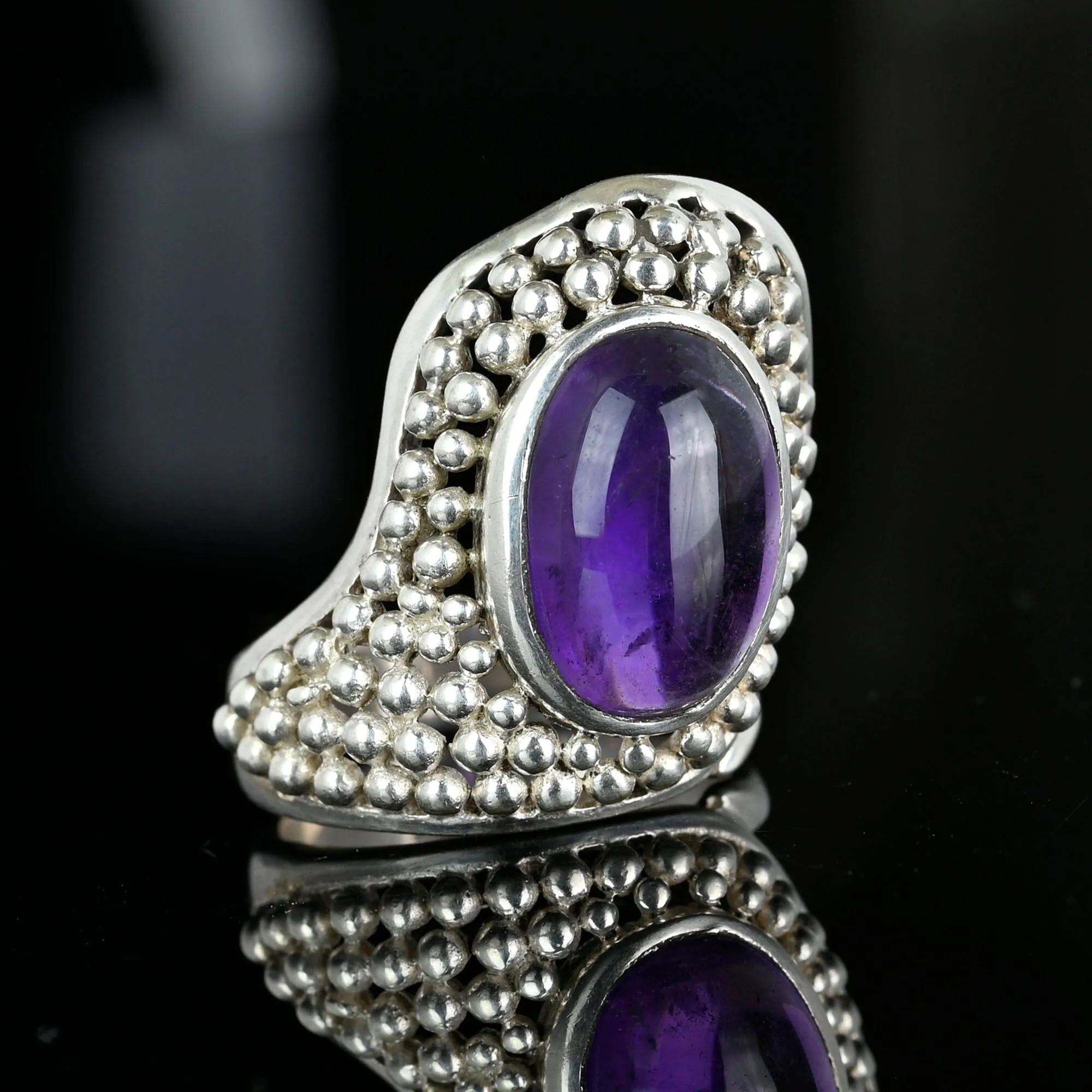 Bold Vintage Silver Amethyst Cabochon Snake Ring