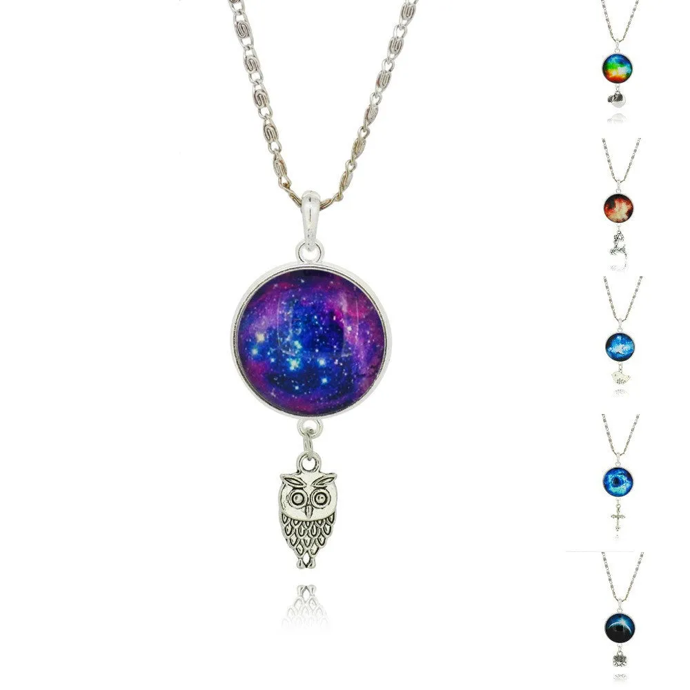 Brand Fashion Jewelry Pendant Silver Chain Galaxy Necklace Choker Necklace Glass Galaxy Lovely & Pendant