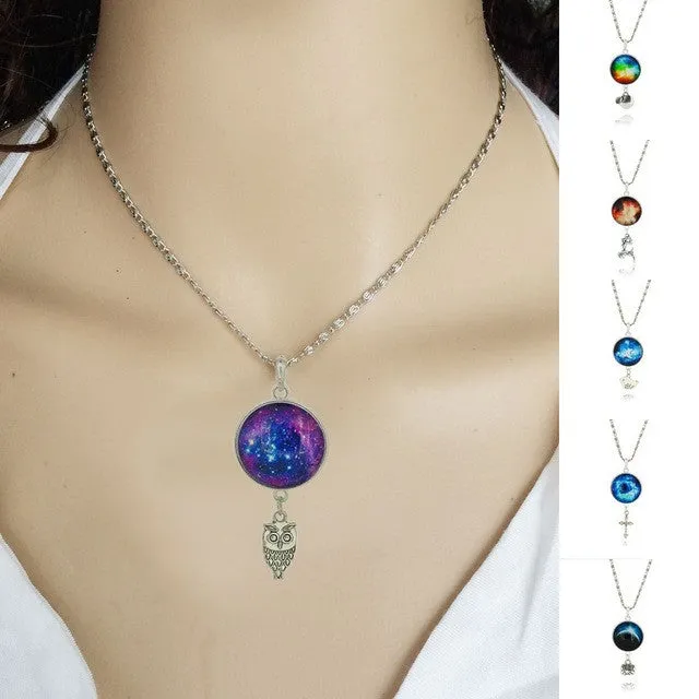 Brand Fashion Jewelry Pendant Silver Chain Galaxy Necklace Choker Necklace Glass Galaxy Lovely & Pendant