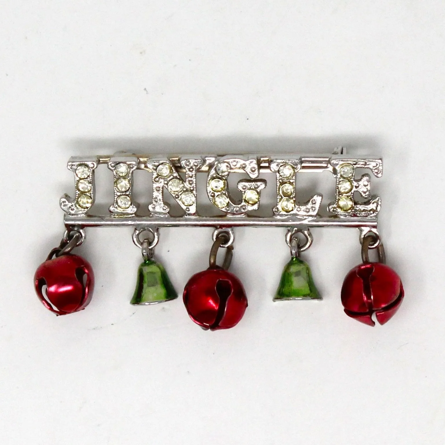 Brooch / Pin, Christmas Holiday JINGLE Bells and Rhinestones, Silver Tone Bar Sleigh Bells Pin, Vintage