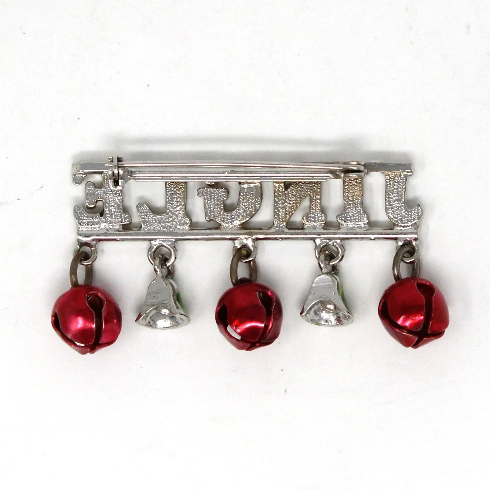 Brooch / Pin, Christmas Holiday JINGLE Bells and Rhinestones, Silver Tone Bar Sleigh Bells Pin, Vintage