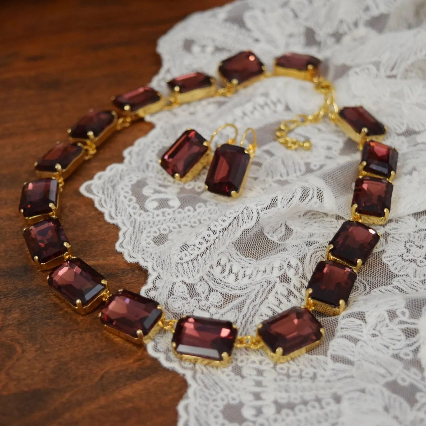 Burgundy Aurora Crystal Collet Necklace - Large Octagon