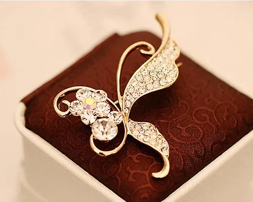 Butterfly on Flower Crystal Brooch Pin