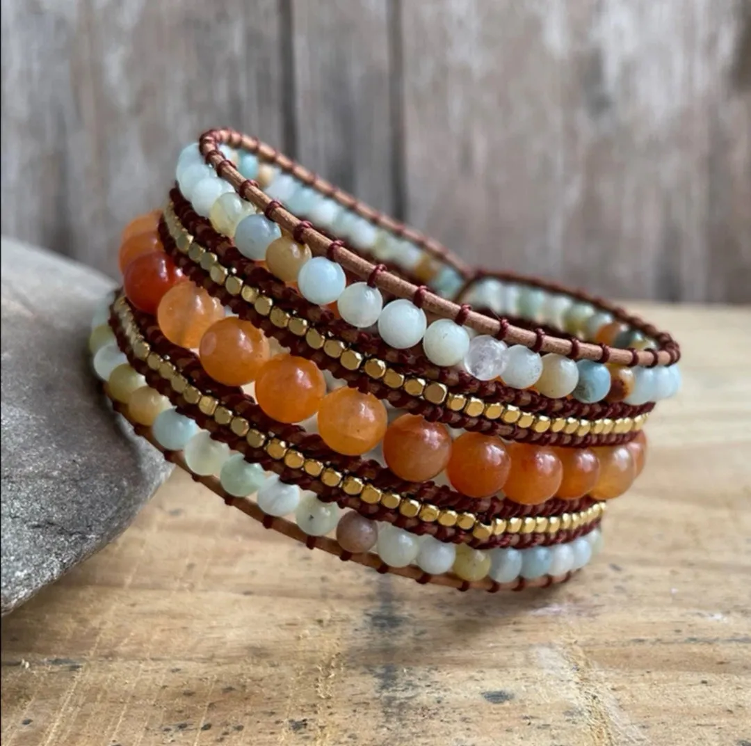 Carnelian, Amazonite 5 Row Cuff Leather Wrap Bracelet