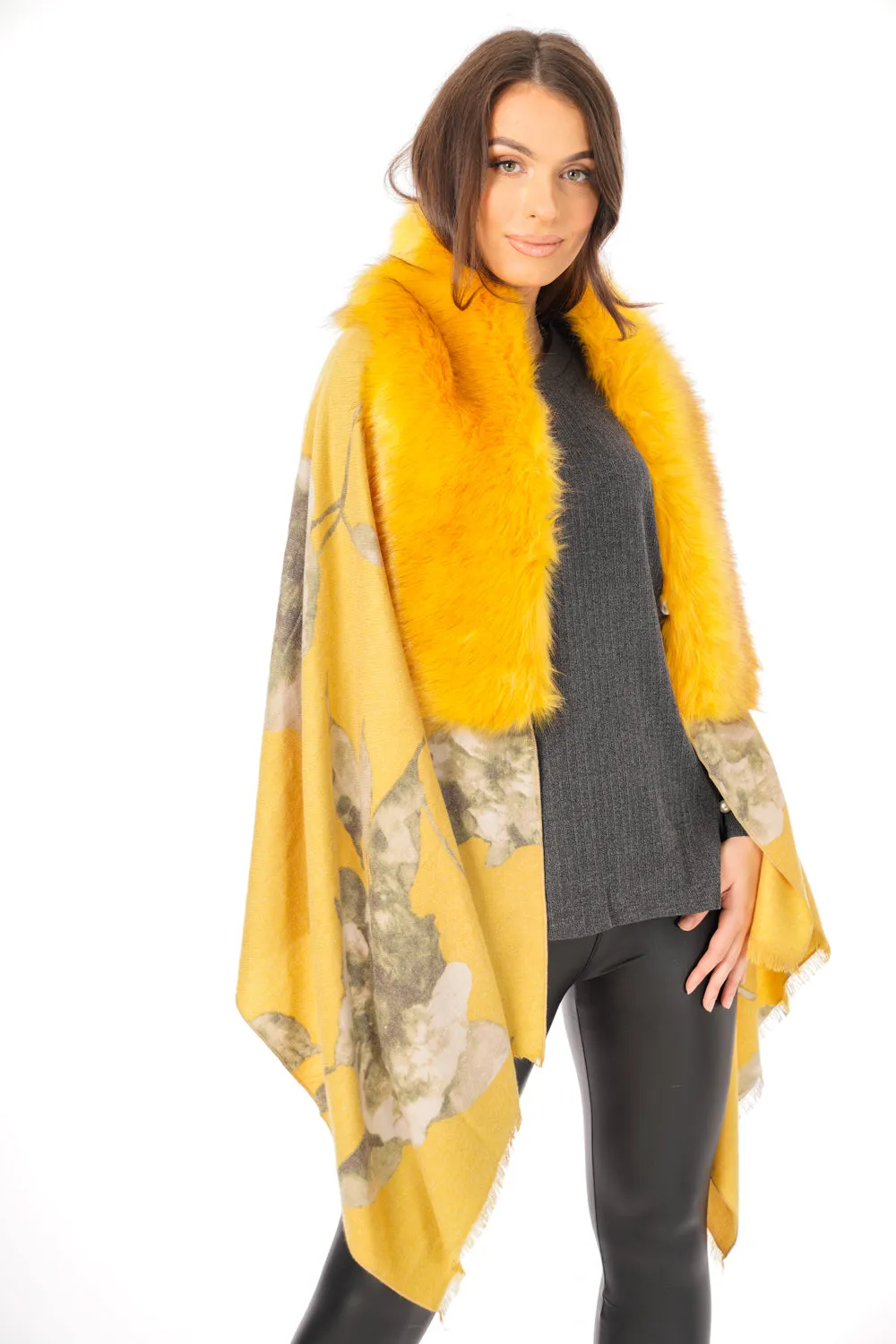 Cashmere Feels Faux Fur Collar Fringe Shawl/Scarf with Floral Print