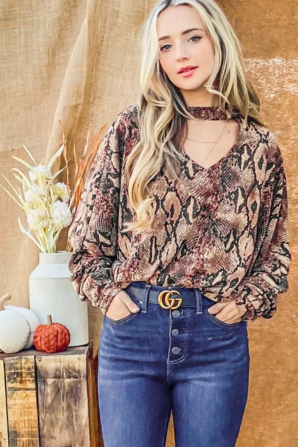 Choker Neck Dolman Sleeve Snake Print Top