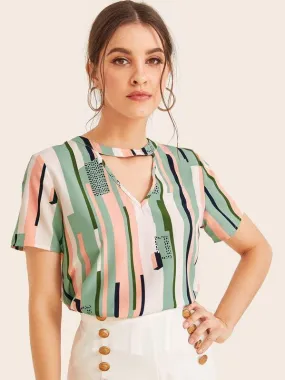 Choker Neck Mixed Print Top