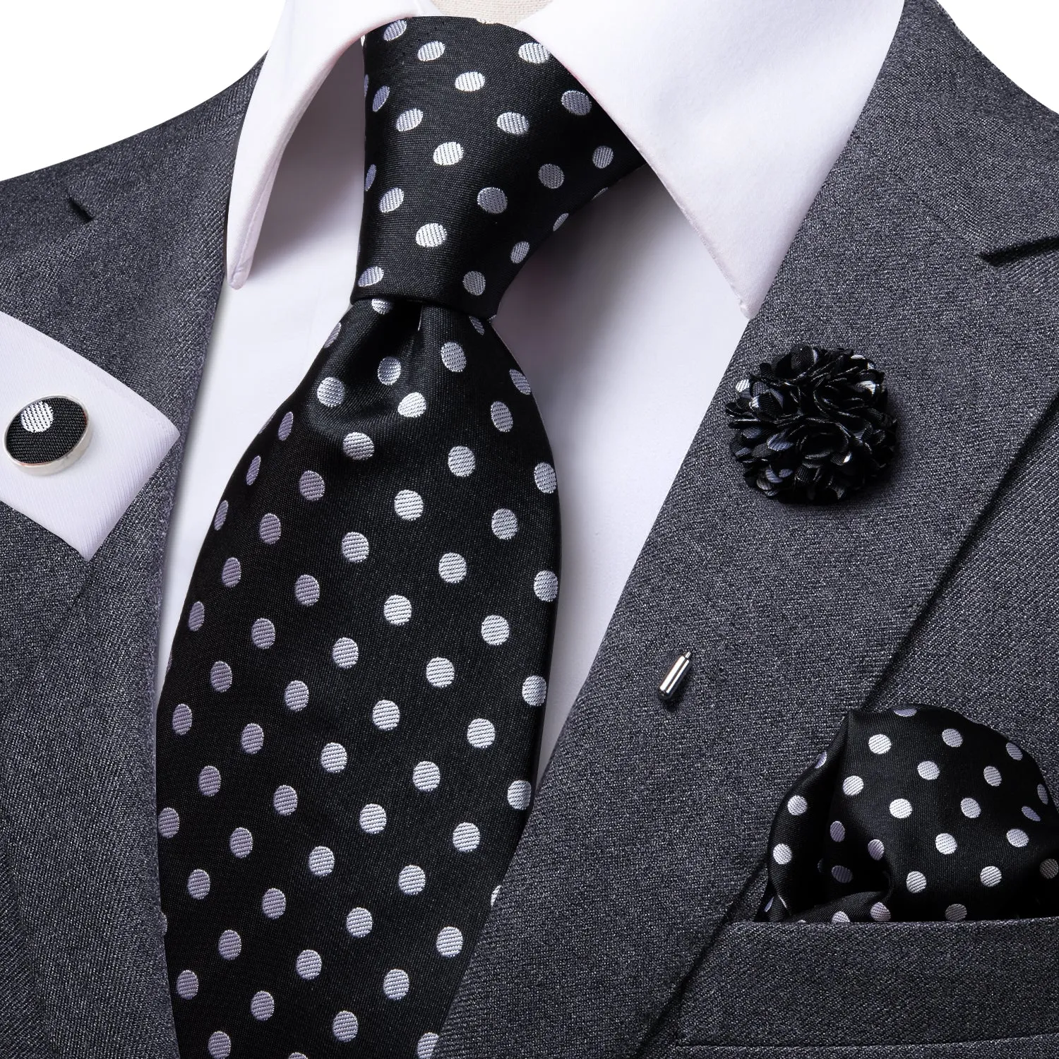 Classic Black Polka Dot Tie Hanky Cufflinks Set with Brooch