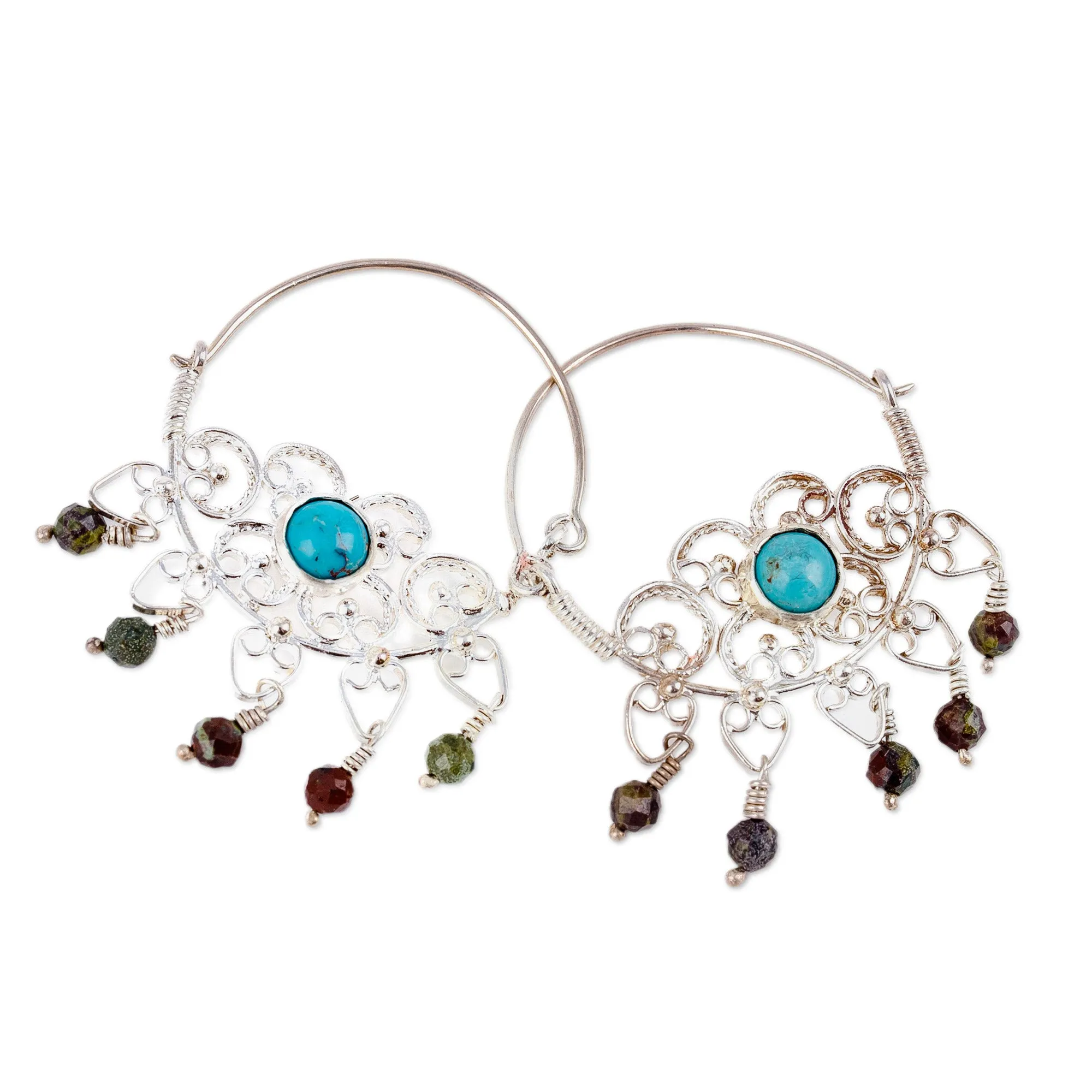 Classic Jasper and Turquoise Hoop Chandelier Earrings - Resilient Desire | NOVICA