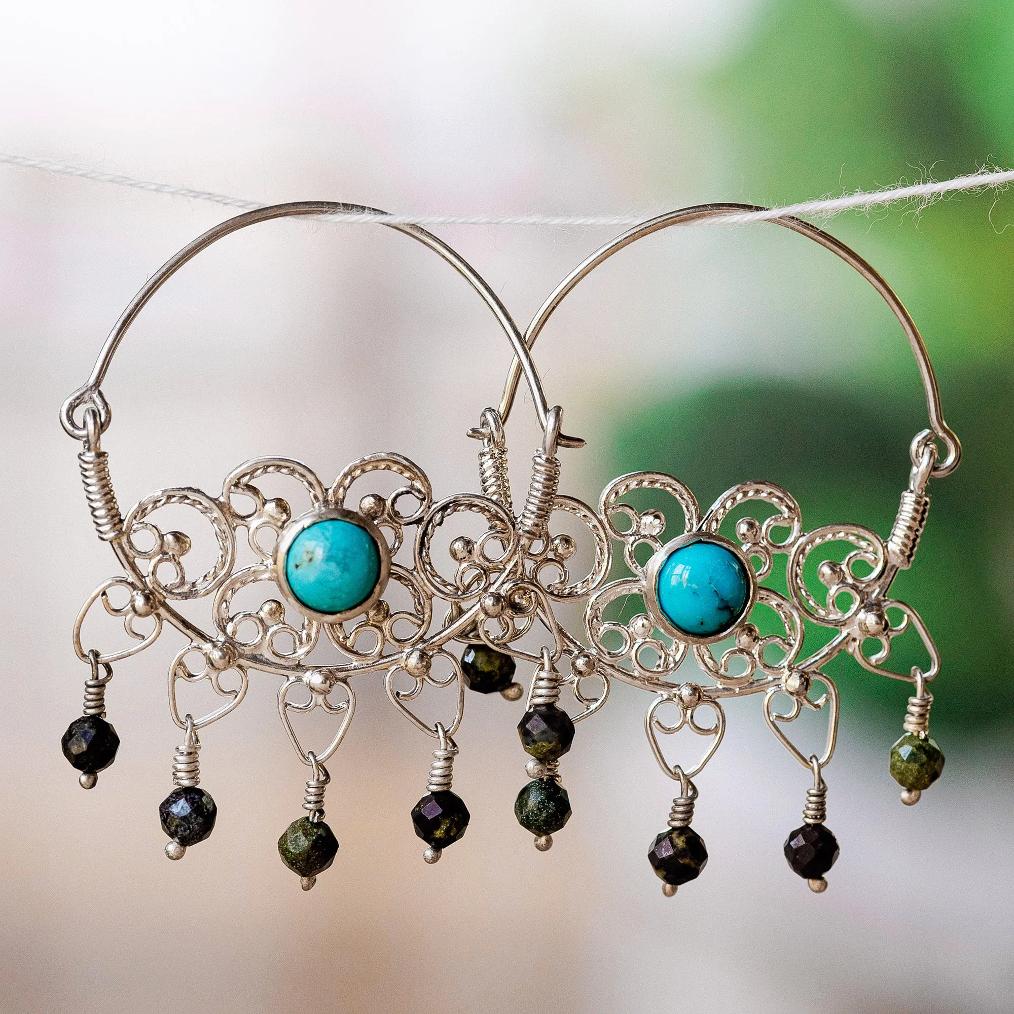 Classic Jasper and Turquoise Hoop Chandelier Earrings - Resilient Desire | NOVICA