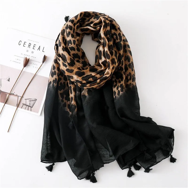 Classic Leopard Print Spring, Autumn, and Winter Long Versatile Cotton and Linen Scarf Dual Purpose Shawl